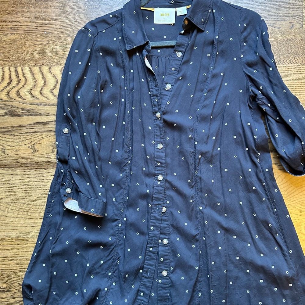 Maeve Dark Navy Button Up Shirt with White Dots